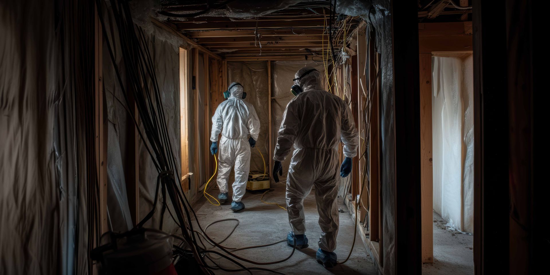 Deux personnes en combinaisons de protection descendent un couloir faiblement éclairé, pour des travaux de désamiantage.