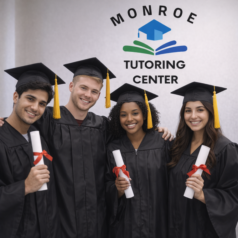 Monroe Tutoring Center sign above four graduates in black gowns and mortarboards holding diplomas