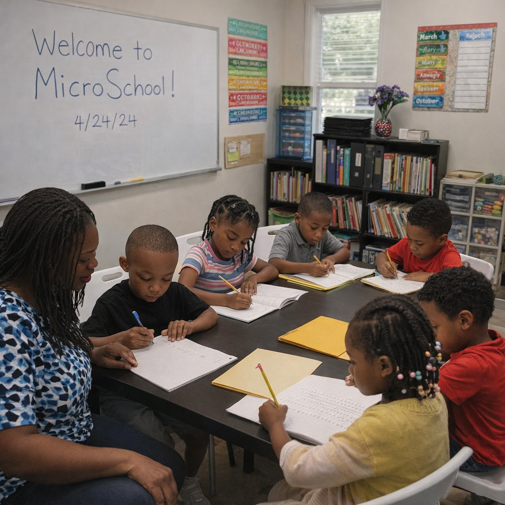 Teacher leading a small group of students at a table in a classroom, with a whiteboard reading “Welcome to MicroSchool!”