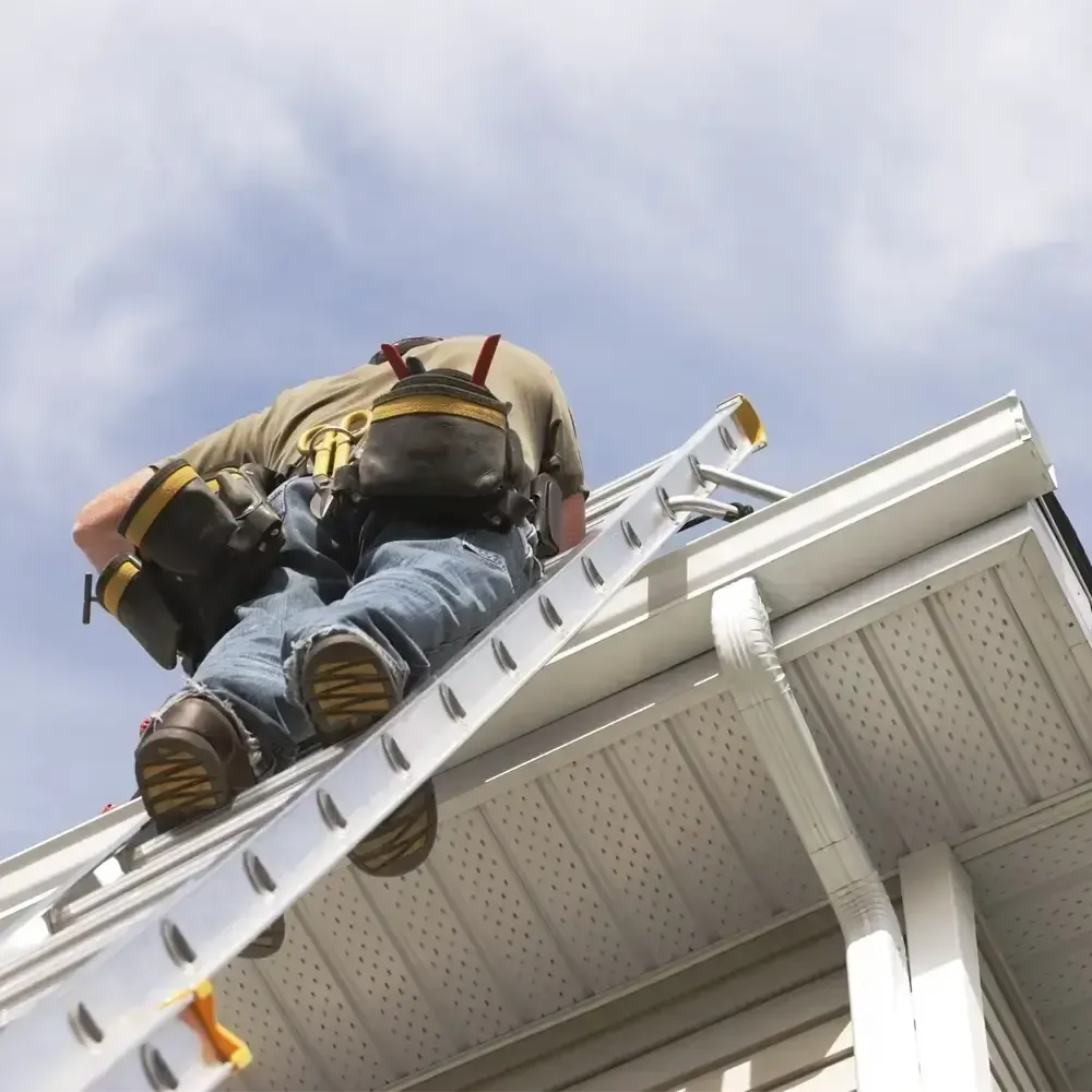 A man is climbing a ladder on the side of a house