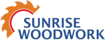 Logo for Sunrise Woodwork: orange saw blade with red inner circle, blue text.
