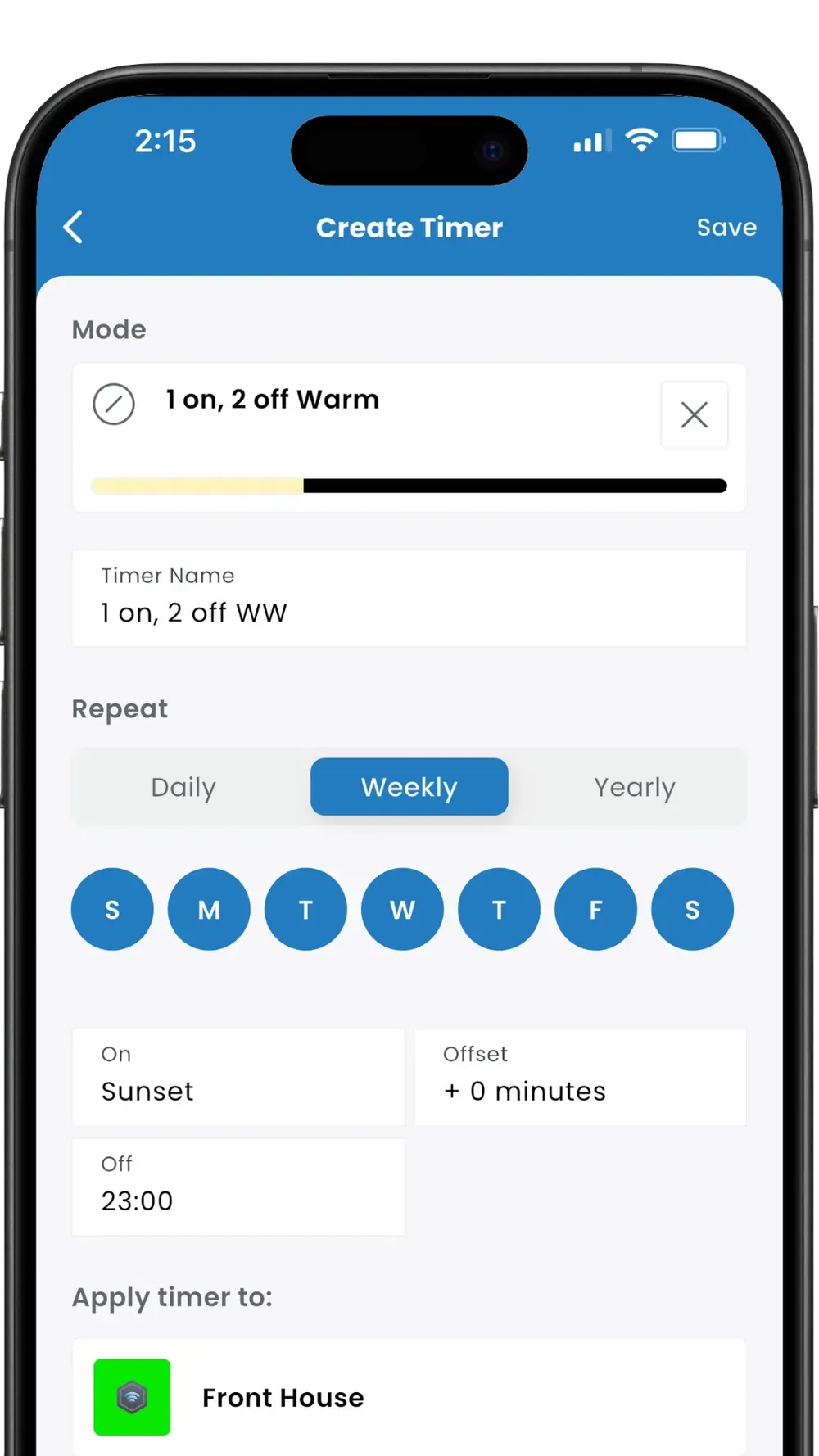 Mobile app screen for creating a timer, showing title, repeat options, and a green house location tag