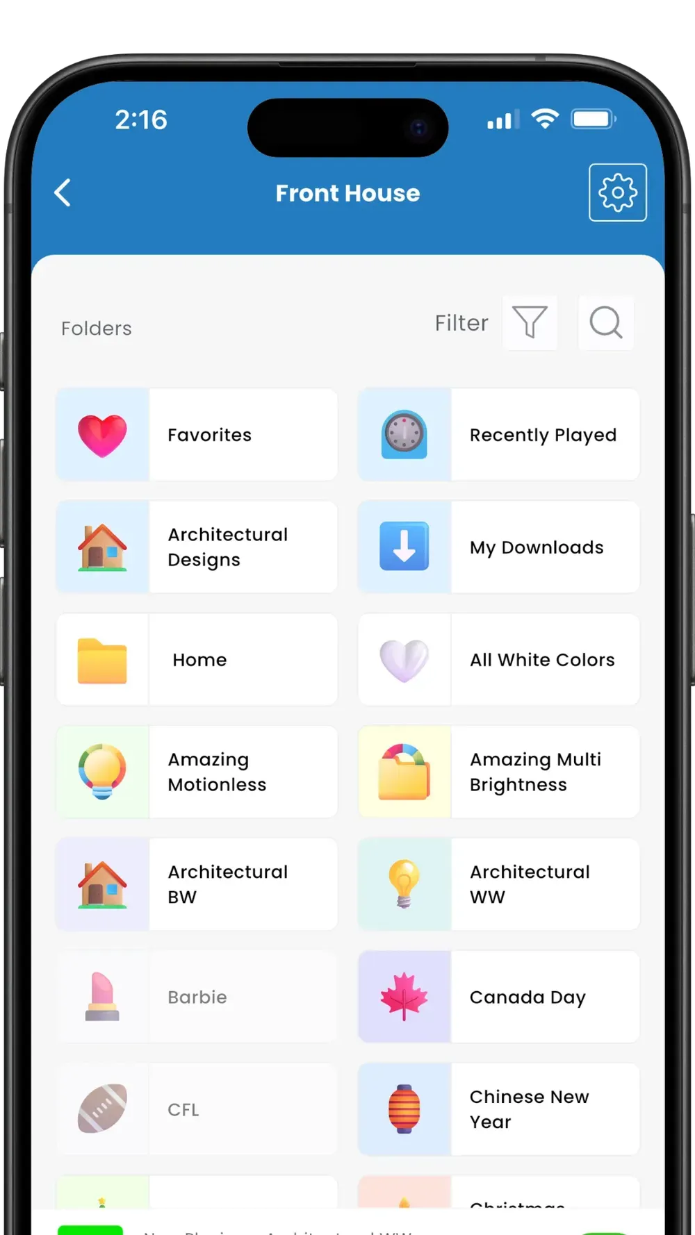 Mobile app screen titled “Frontline” showing a grid menu of colorful health-related services.