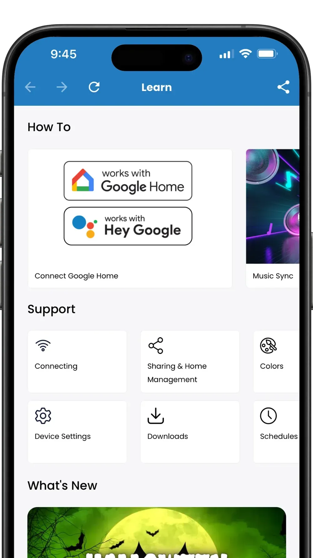 Mobile app help page showing Google Home and Hey Google setup cards with support options below.