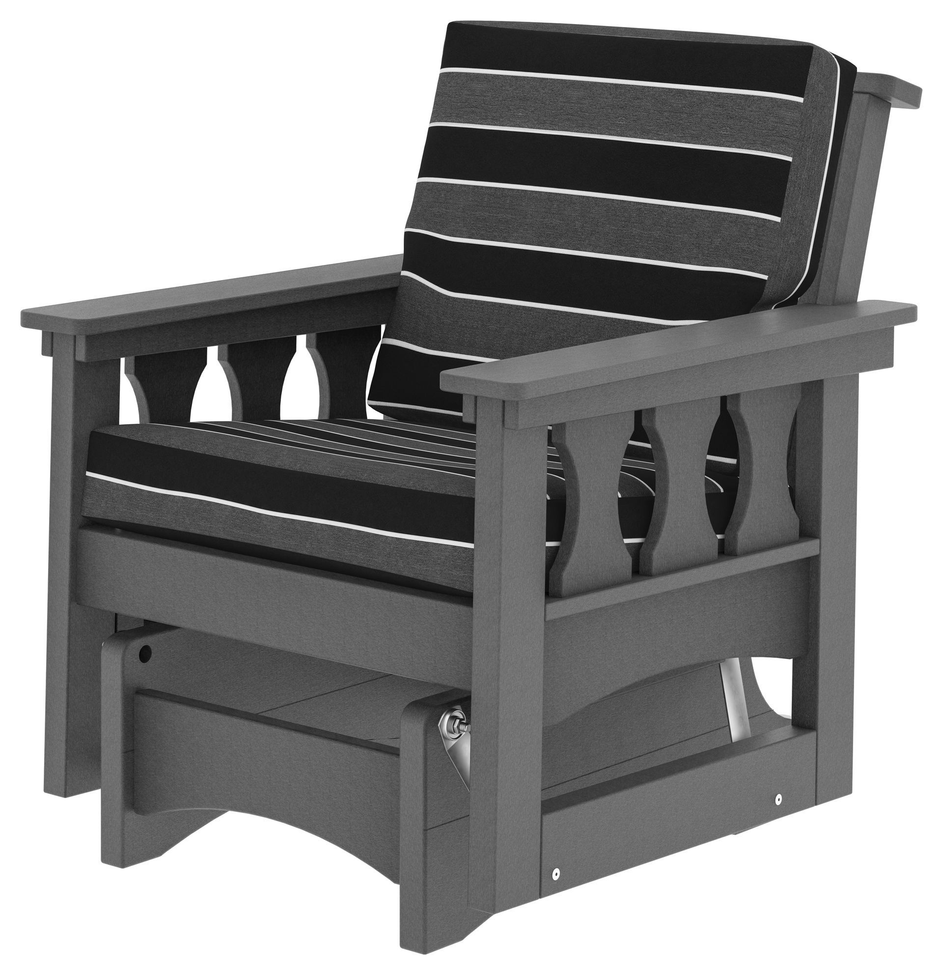 Black and gray cushioned wooden armchair with slatted back and side panels