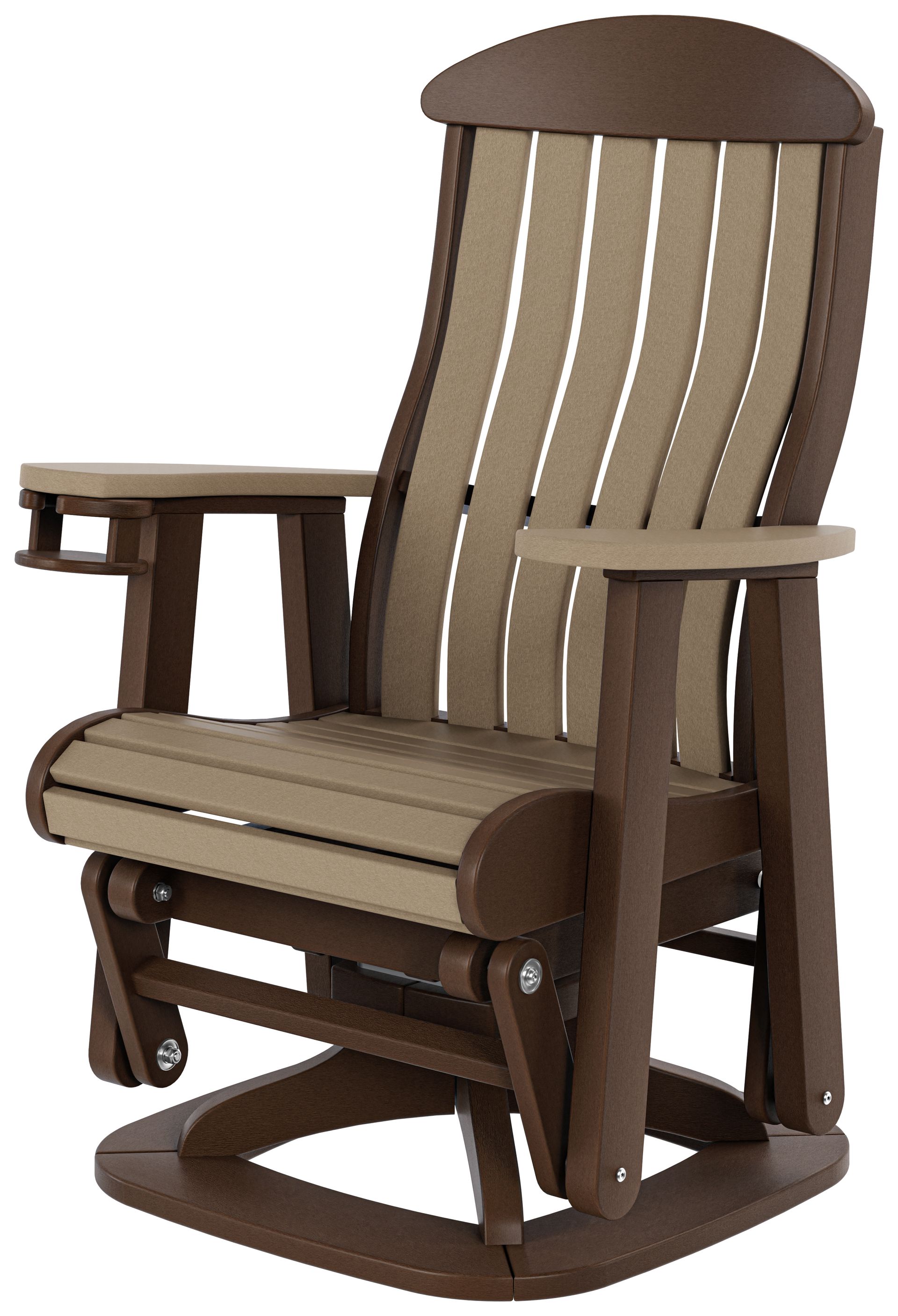 Brown upholstered rocking chair with armrests and a small side table attached