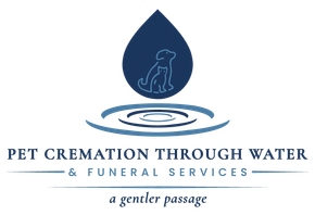 Logo for pet cremation. Blue water drop with dog outline, ripples, text: