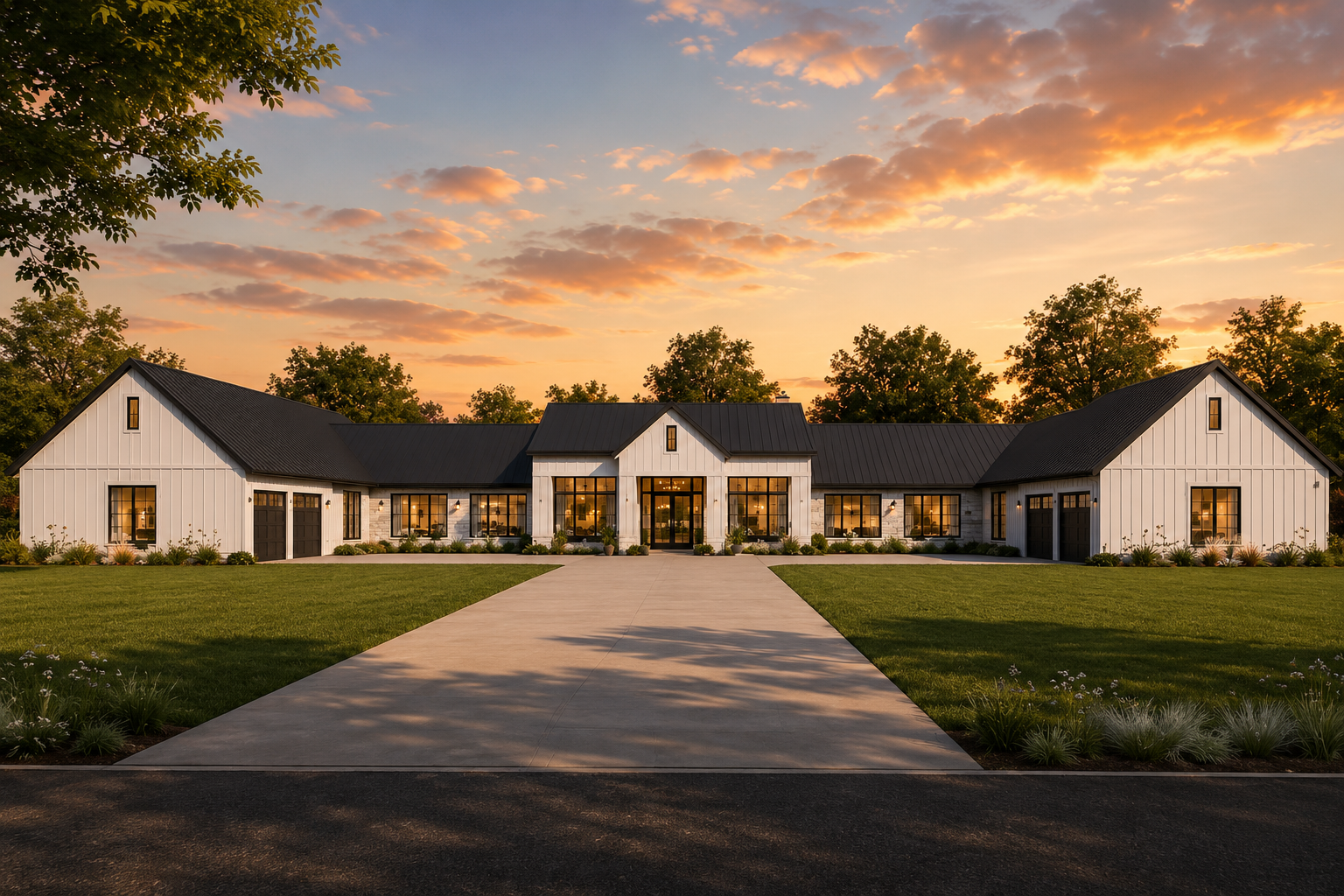 Modern white house with a long driveway at sunset, framed by trees and a glowing sky