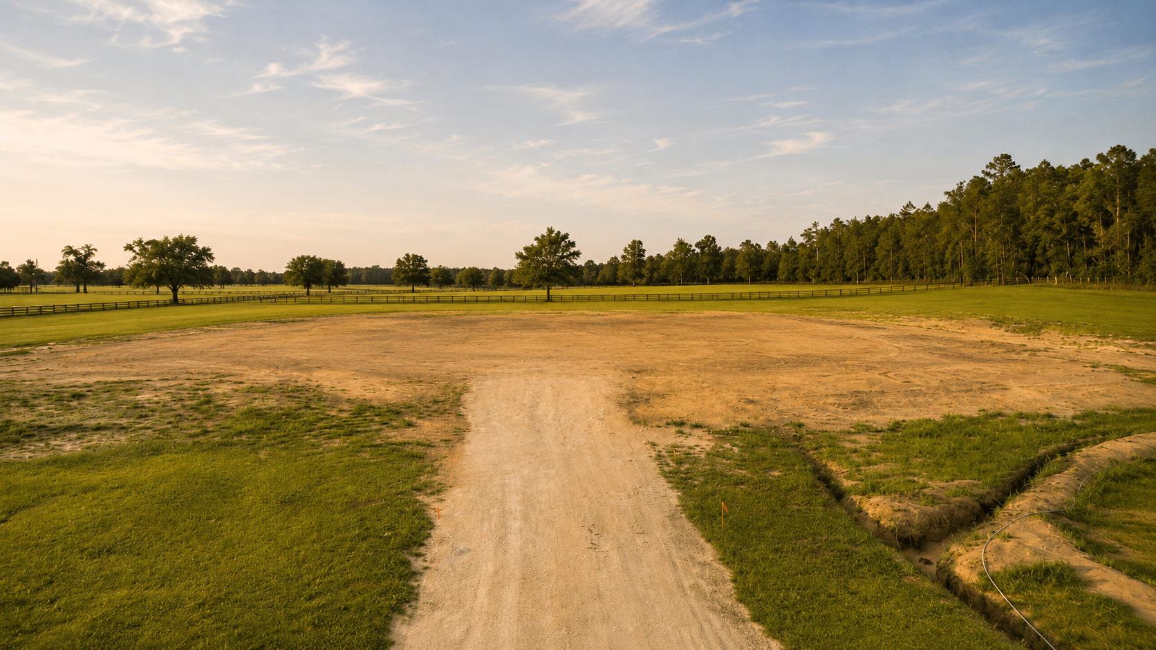 Dirt path through dry grass toward a tree-lined field under a clear sky at sunset
