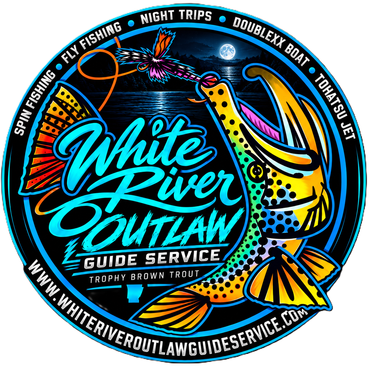 White River Outlaw Guide Service logo with blue text and phone number 918-998-3967