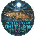 White River Outlaw Guide Service logo with a brown trout under a full moon and blue text on a dark background
