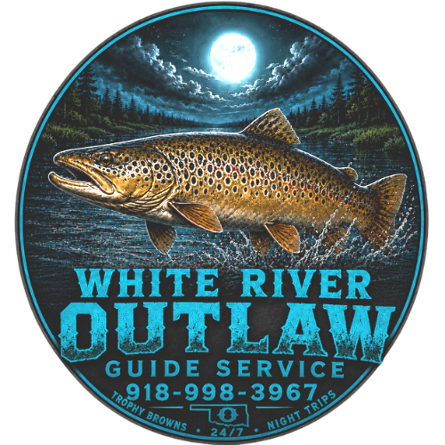 White River Outlaw Guide Service logo with a brown trout under a full moon and blue text on a dark background