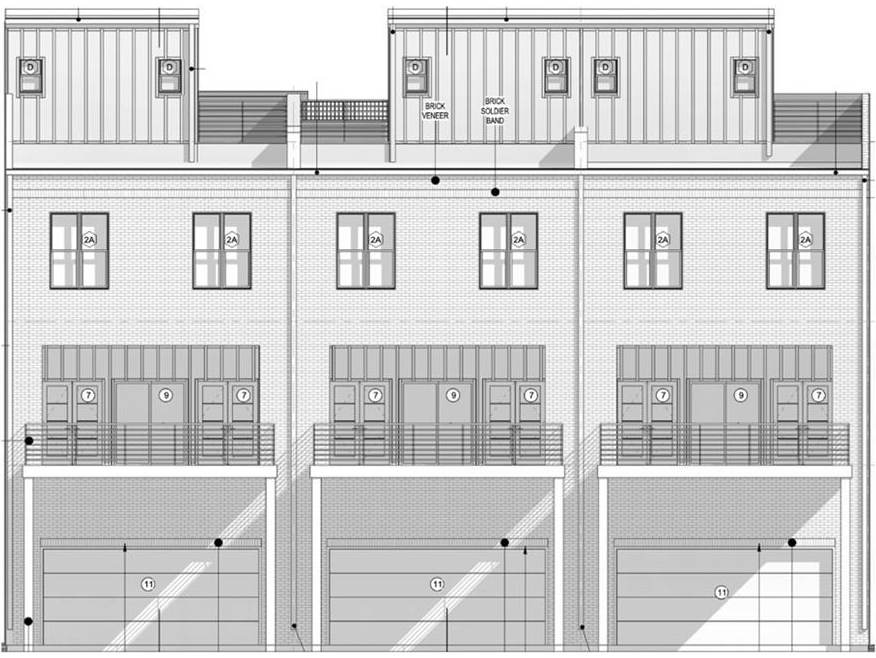 A black and white drawing of a the rear elevation for The Oaks on Toomer.