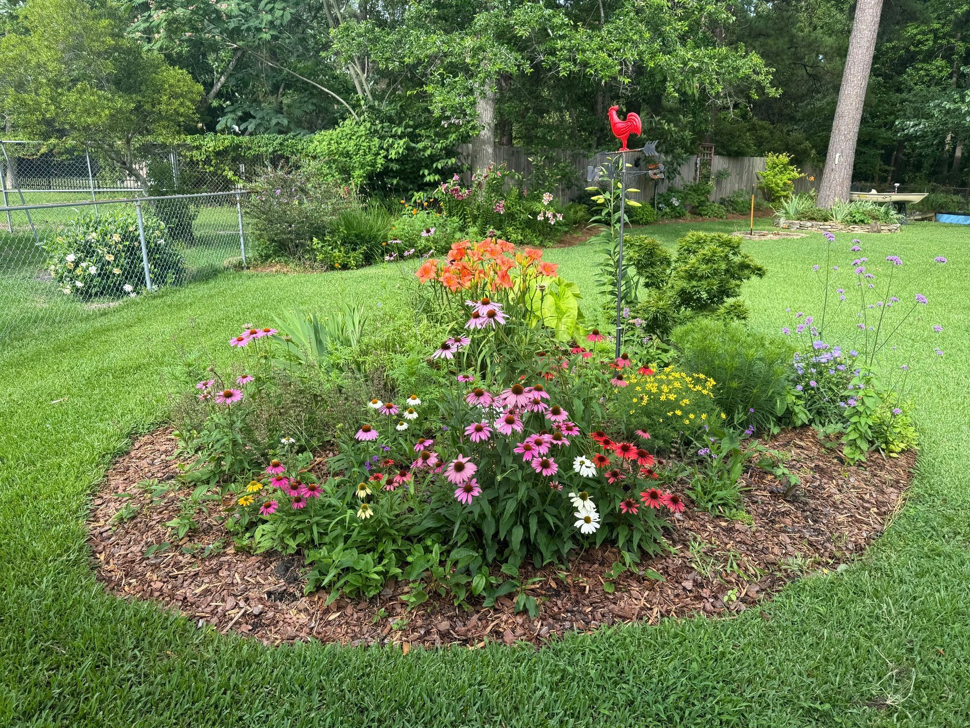 Circular flower bed with colorful blooms in a grassy yard, surrounded by mulch and trees.