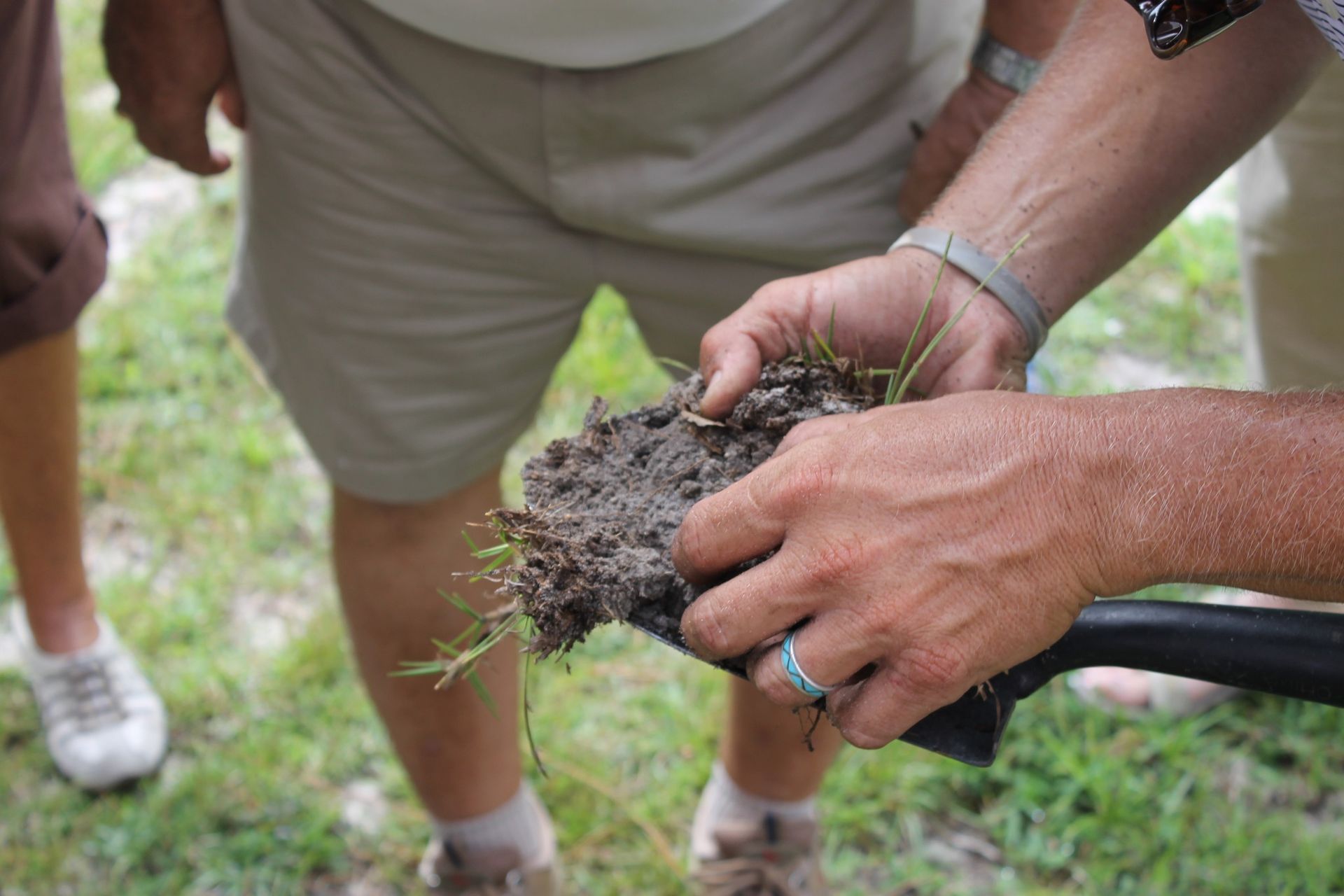 Hands holding a clump of dark soil, grass, and roots; person in shorts and a white shirt in the background.