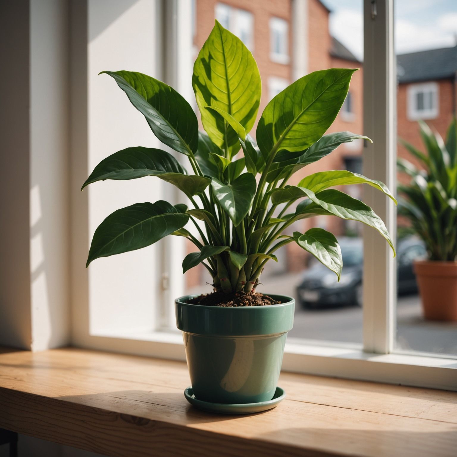 A potted green plant sits on a wooden windowsill, bright leaves catching sunlight.