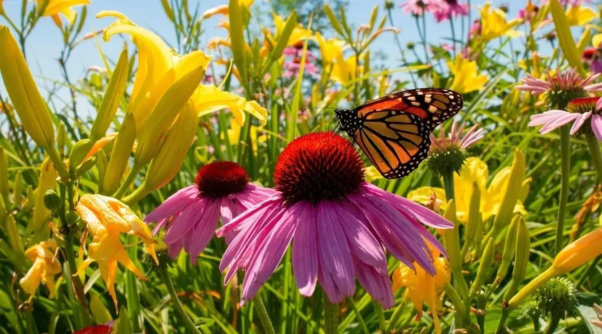 Monarch butterfly on a purple coneflower in a field of yellow and pink wildflowers.