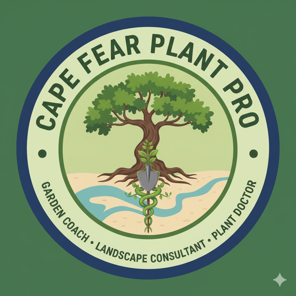 Logo: Cape Fear Plant Pro, tree with roots over Caduceus, river, shovel.