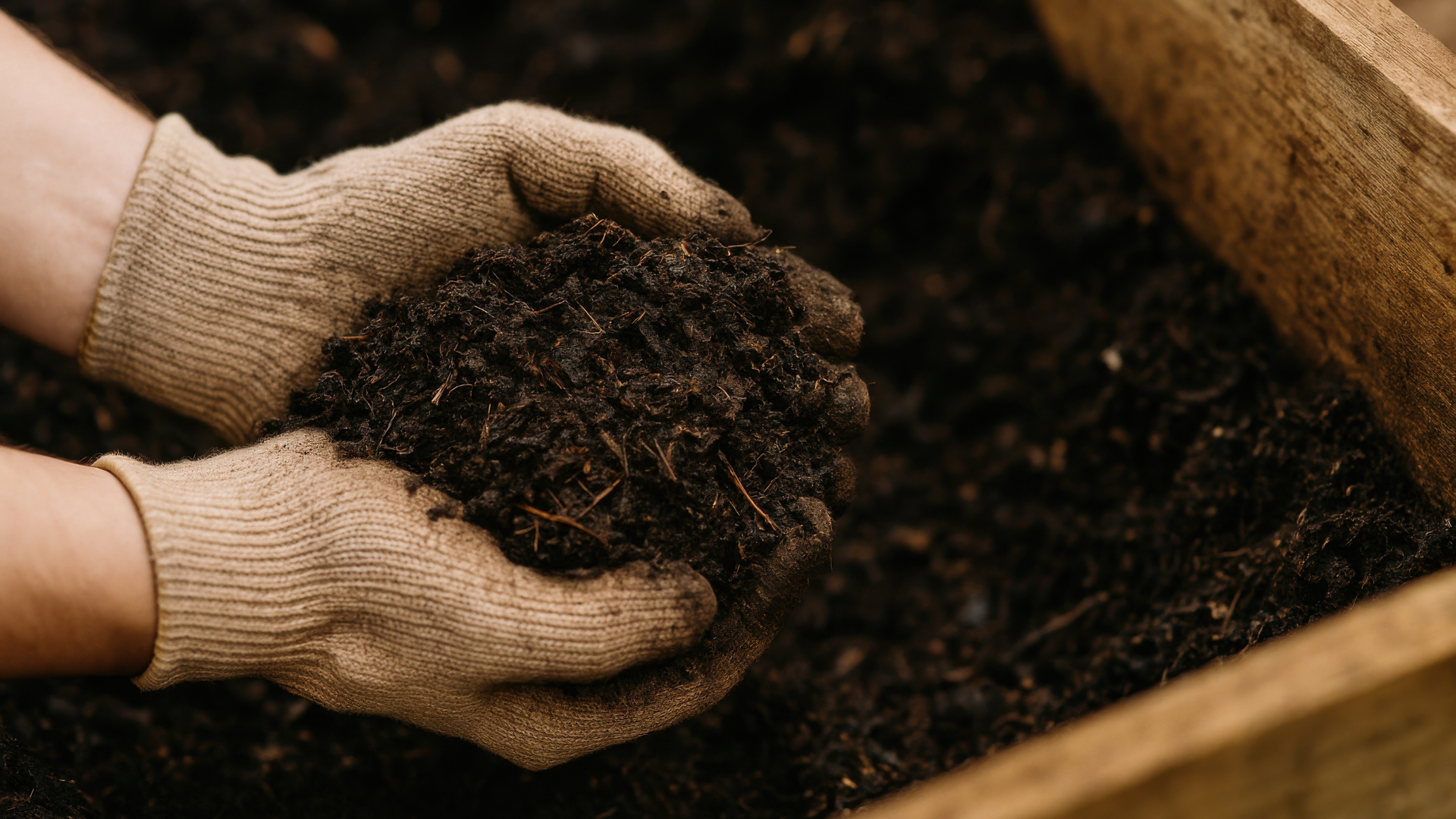 Hands in gloves hold a mound of dark, rich soil in a wooden container.
