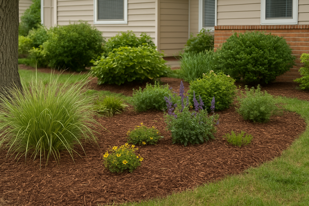 Landscaped front yard with various green shrubs, flowers, and ornamental grass in brown mulch.