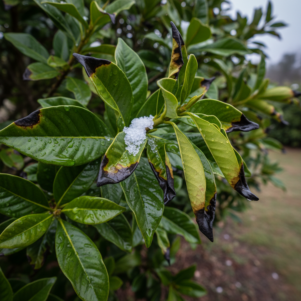 Green glossy leaves with dark, burnt tips; small patch of snow.
