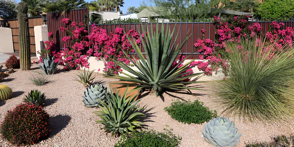 A xeriscape garden with succulents and a bougainvillea-covered fence. Ground cover is gravel.