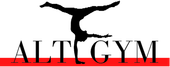 Silhouette d'une gymnaste en &eacute;quilibre sur les mains au-dessus du texte &laquo; ALT GYM &raquo; avec une barre rouge en bas.