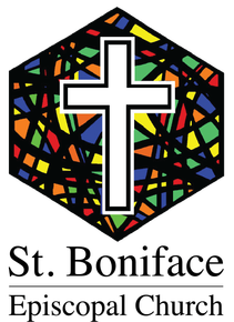Logo for St. Boniface Episcopal Church is a hexagon with many colors and a white cross over it