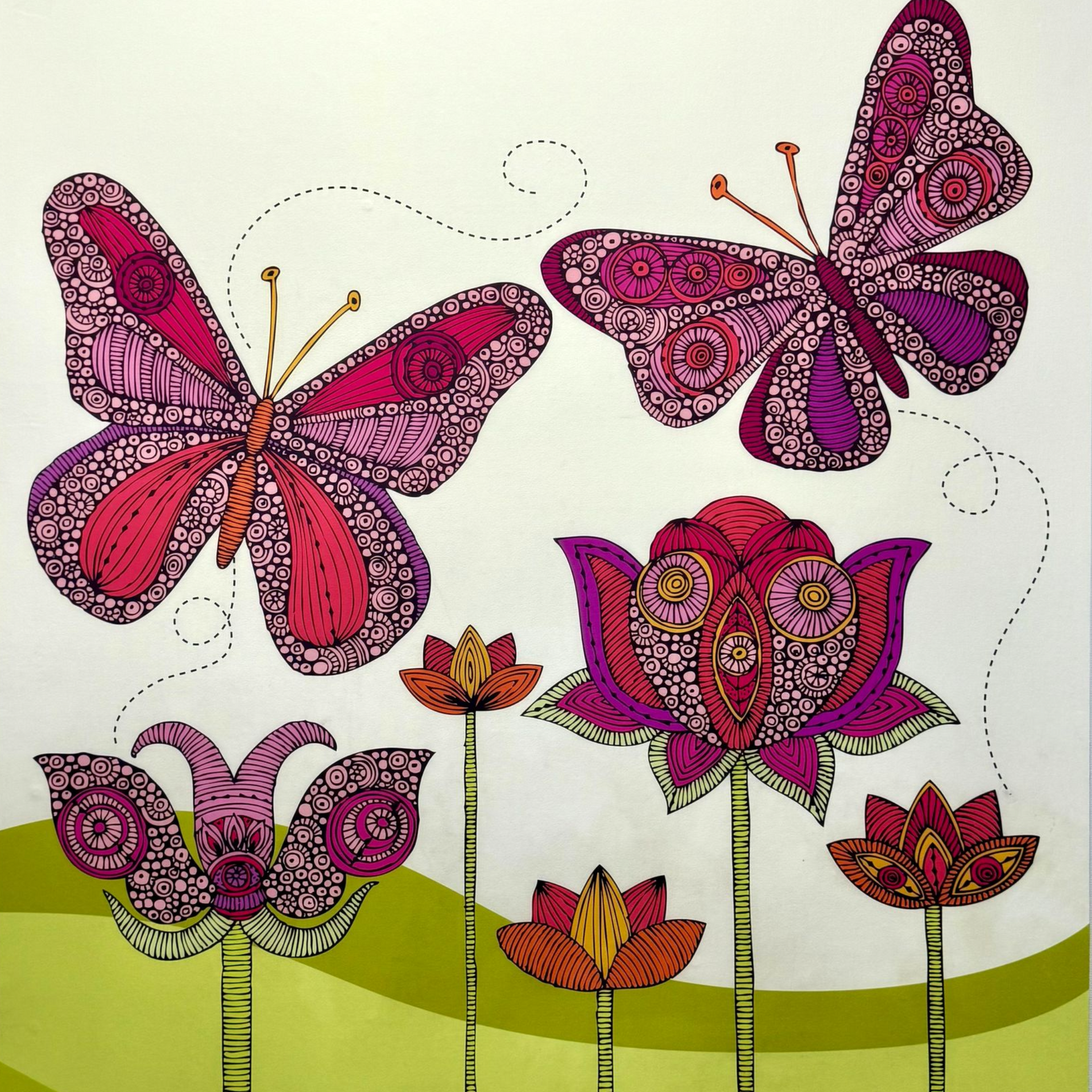 Colorful line drawings of butterflies.