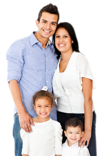 A woman, man and two young children are posing in front of a white background. They are all smiling.