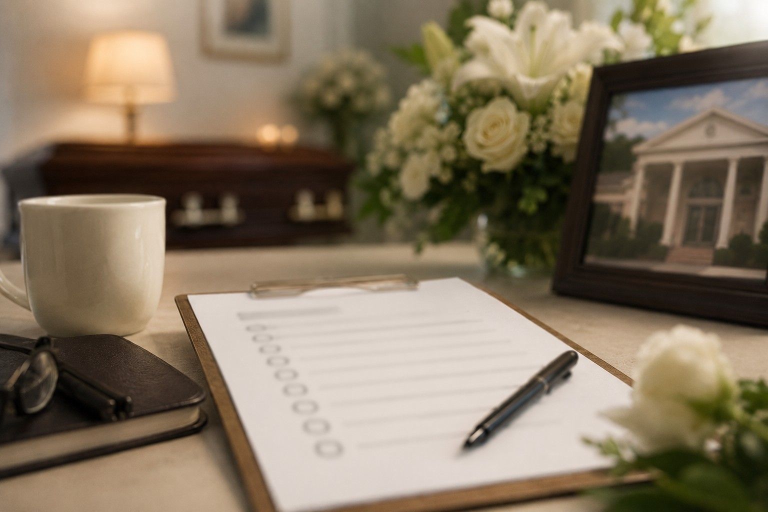 Blurred immediate need checklist with funeral planning essentials, flowers, and memorial setting