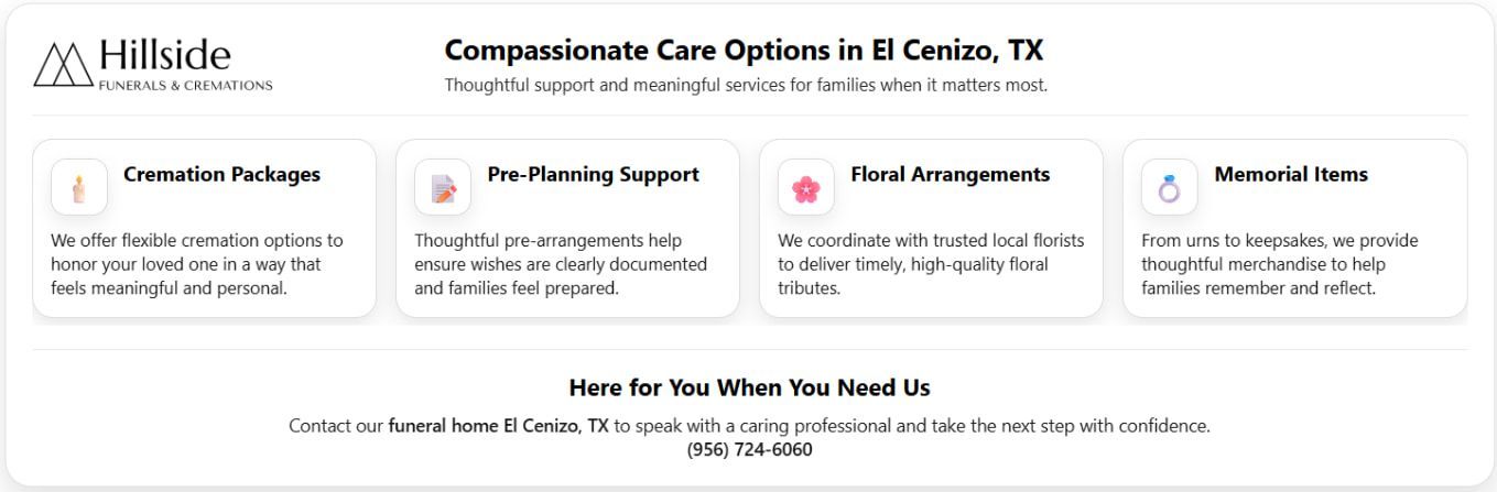 Infographic of funeral home El Cenizo, TX, services including cremation planning and memorial options