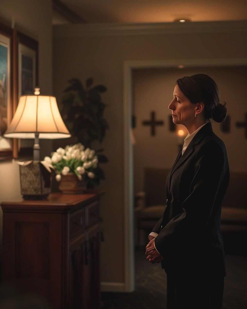 A funeral director standing in a softly lit room with flowers and warm lighting, offering support at a Funeral Home Rio Bravo, TX