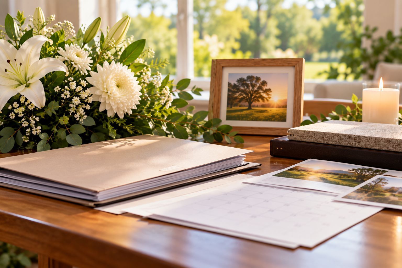 Funeral planning materials with flowers and candle in Rio Bravo TX