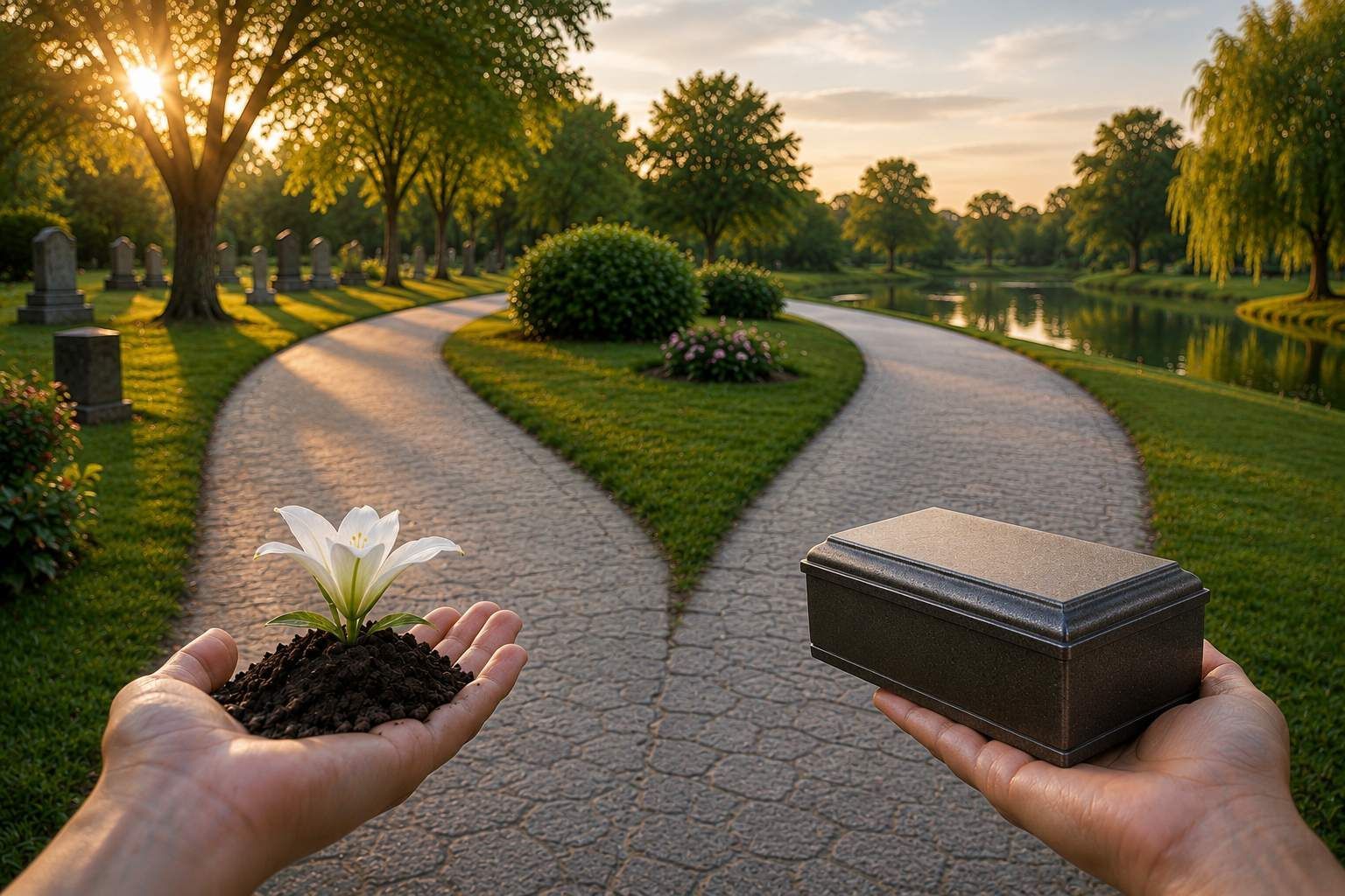 Illustration of burial and cremation options with a memorial vault and symbolic flower in a peaceful