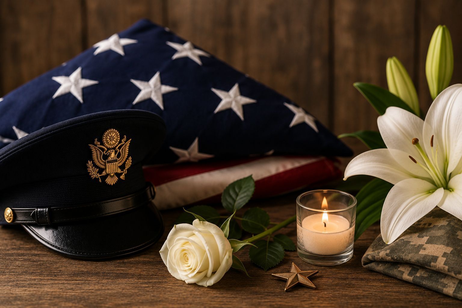Military tribute with folded American flag, service cap, flowers, and candle honoring a veteran in L