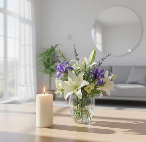 Peaceful floral arrangement with candle displayed inside funeral home El Cenizo, TX for reflection