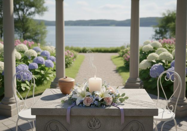 Serene memorial garden scene representing funeral home El Cenizo, TX with candle flowers and lake view