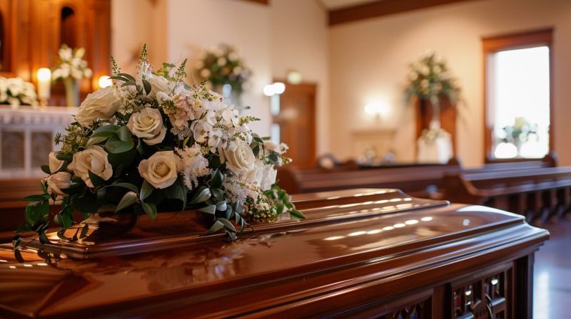 White floral arrangement on a polished casket inside a warm chapel, honoring a loved one during a Traditional Funeral Rio Bravo, TX