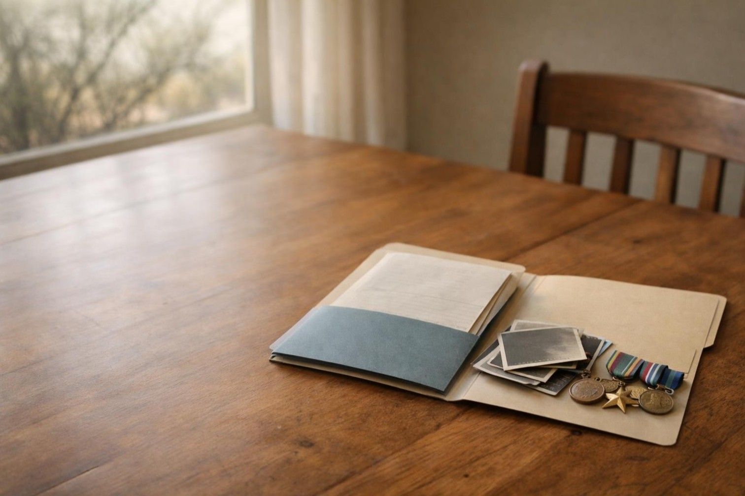 Service records, unmarked medals, and family photographs gathered in a sunlit home folder for a vete