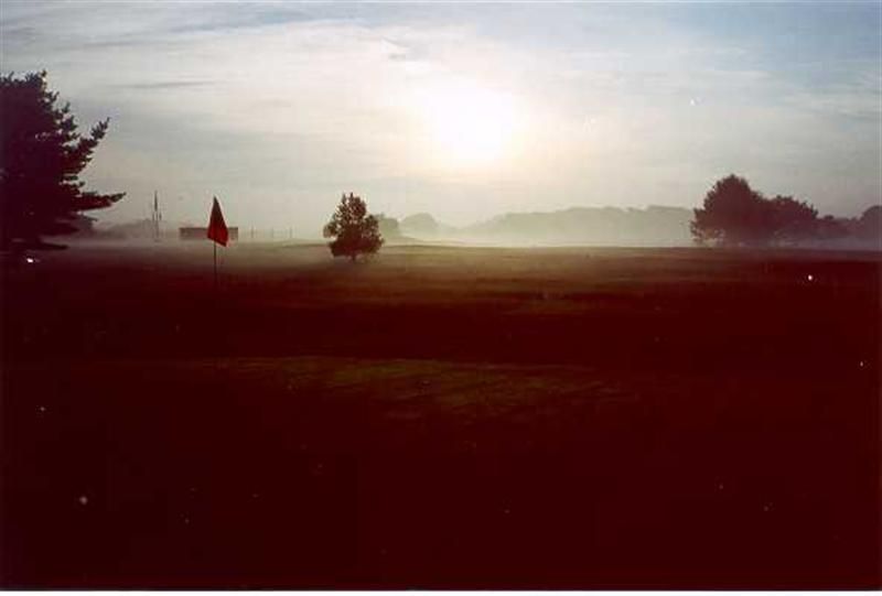 Foggy sunrise over a field with distant trees and mountains, red-brown foreground.