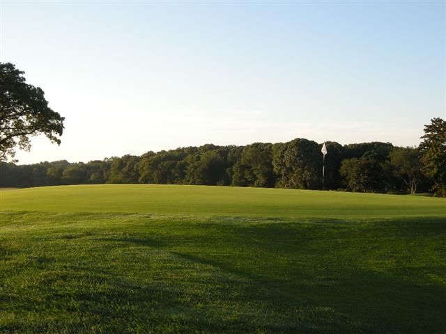 Sunlit green golf course with rolling fairway and trees under a clear sky
