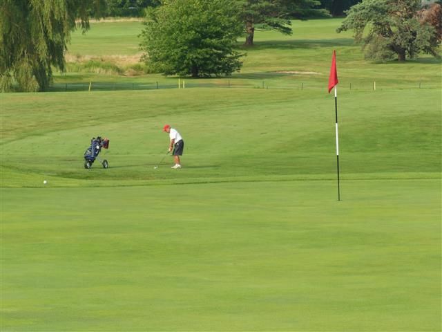 Golfers putting on a green near a red flag on a golf course