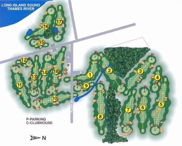Golf course hole map with numbered fairways, greens, water hazards, and a river labeled Long Island Sound/Thames River