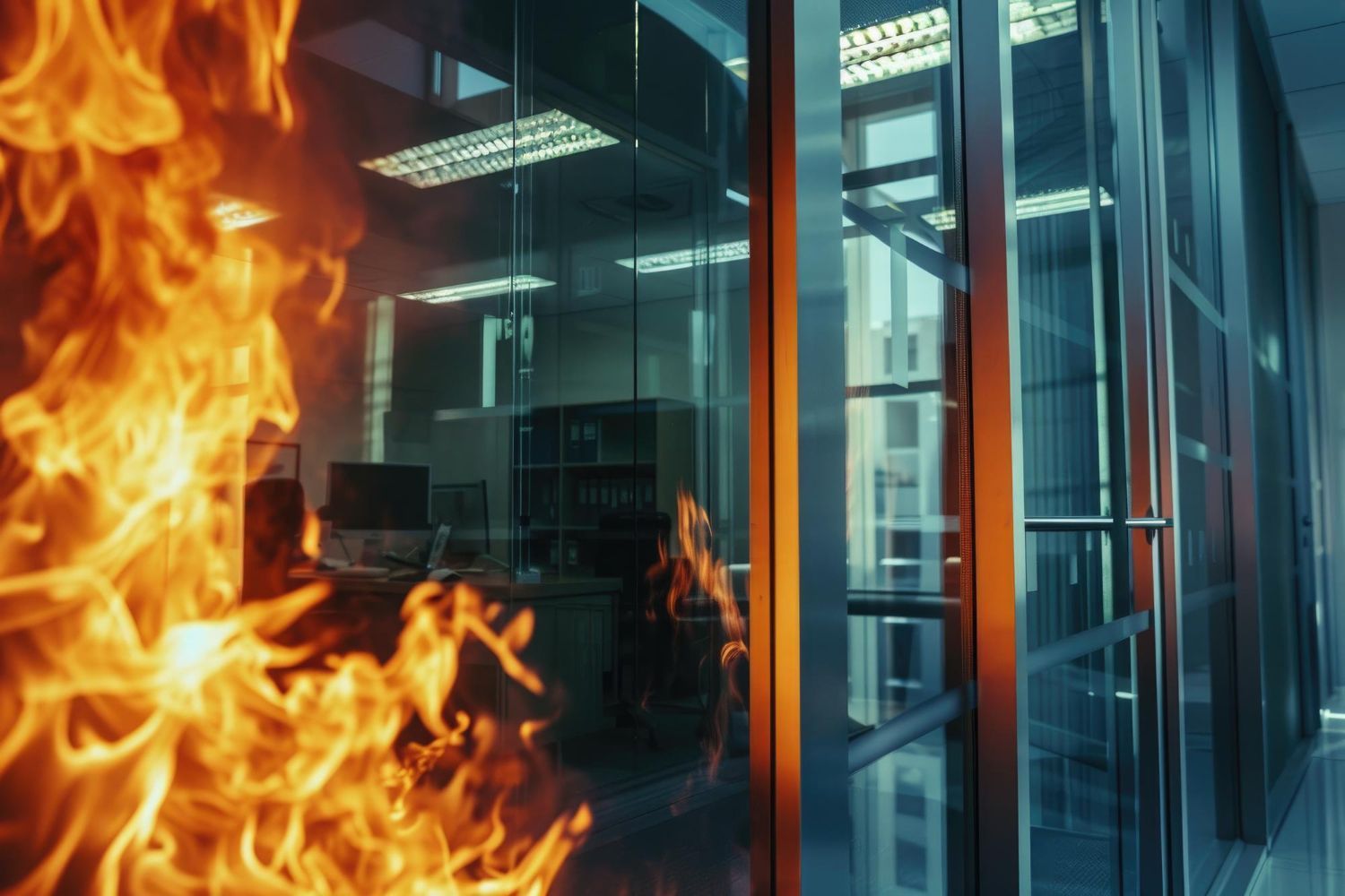 Flames burning beside a glass office building entrance with reflections in the windows