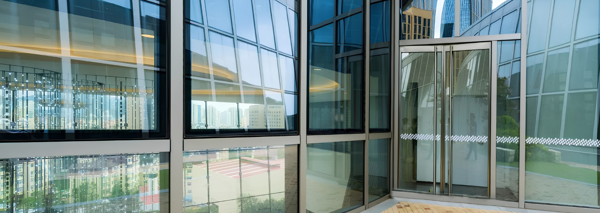 Picture of a glass entrance of a building. Picture of a glass entrance of a building.