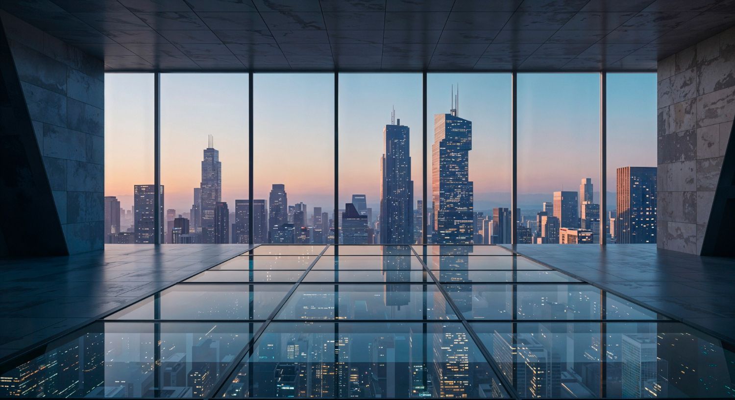 Modern office interior with floor-to-ceiling windows overlooking a city skyline at dusk.