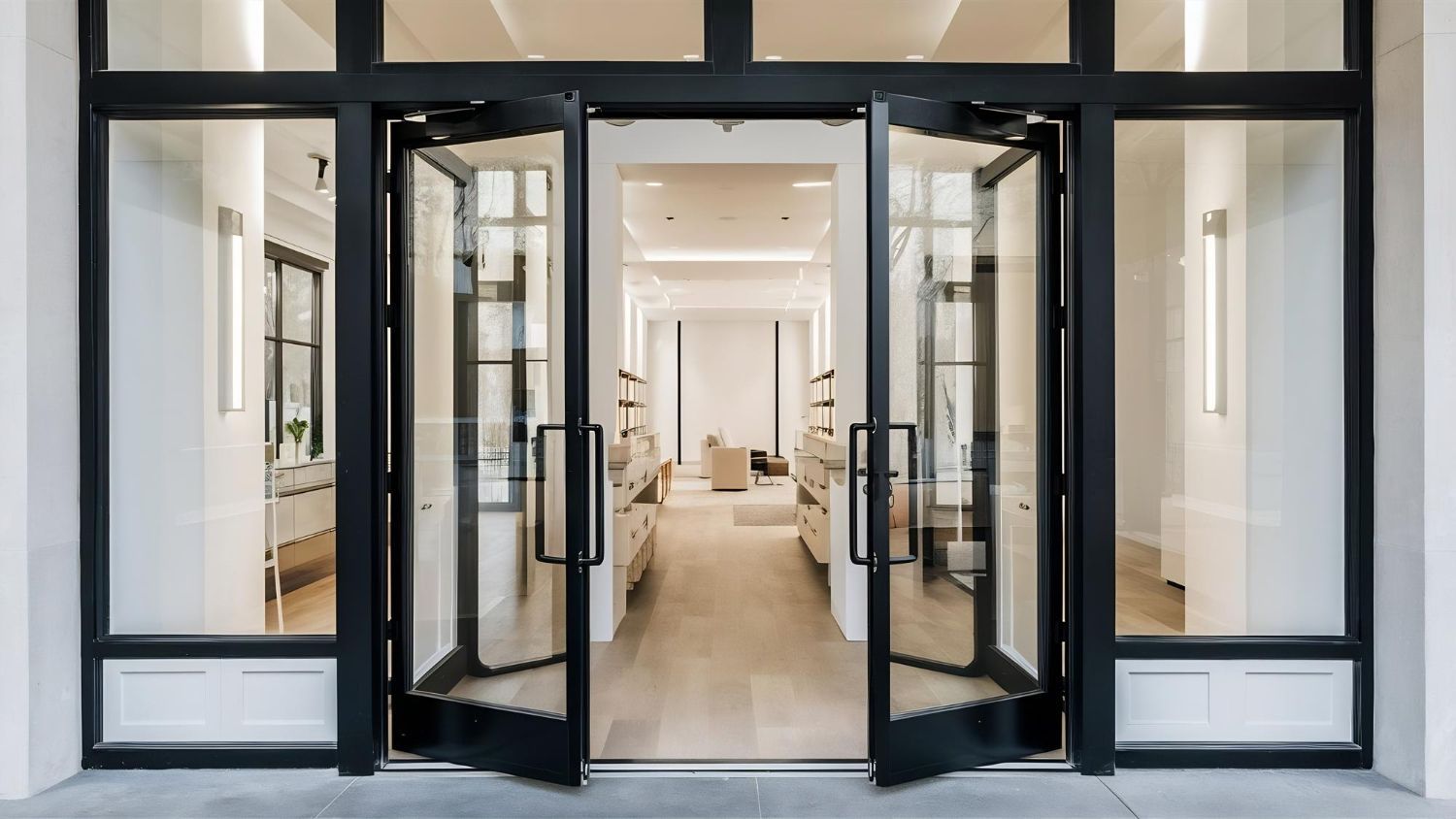 Elegant black-framed double glass doors open into a bright, minimalist interior showroom.