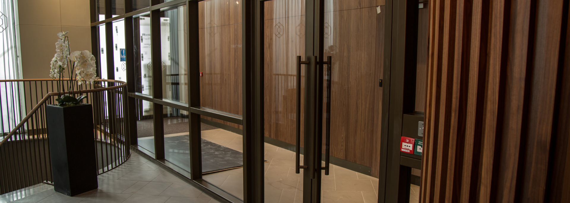 Picture of a fire rated glazing. Picture of a fire rated glazing.