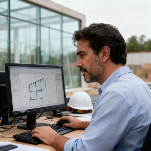 Man working at a computer with building plans on screen at a construction site